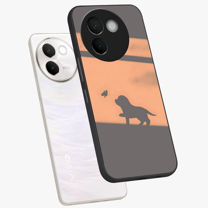 Puppy Shadow Art Glass Case displayed in angled mockup highlighting playful dog illustration with artistic shadow aesthetic.