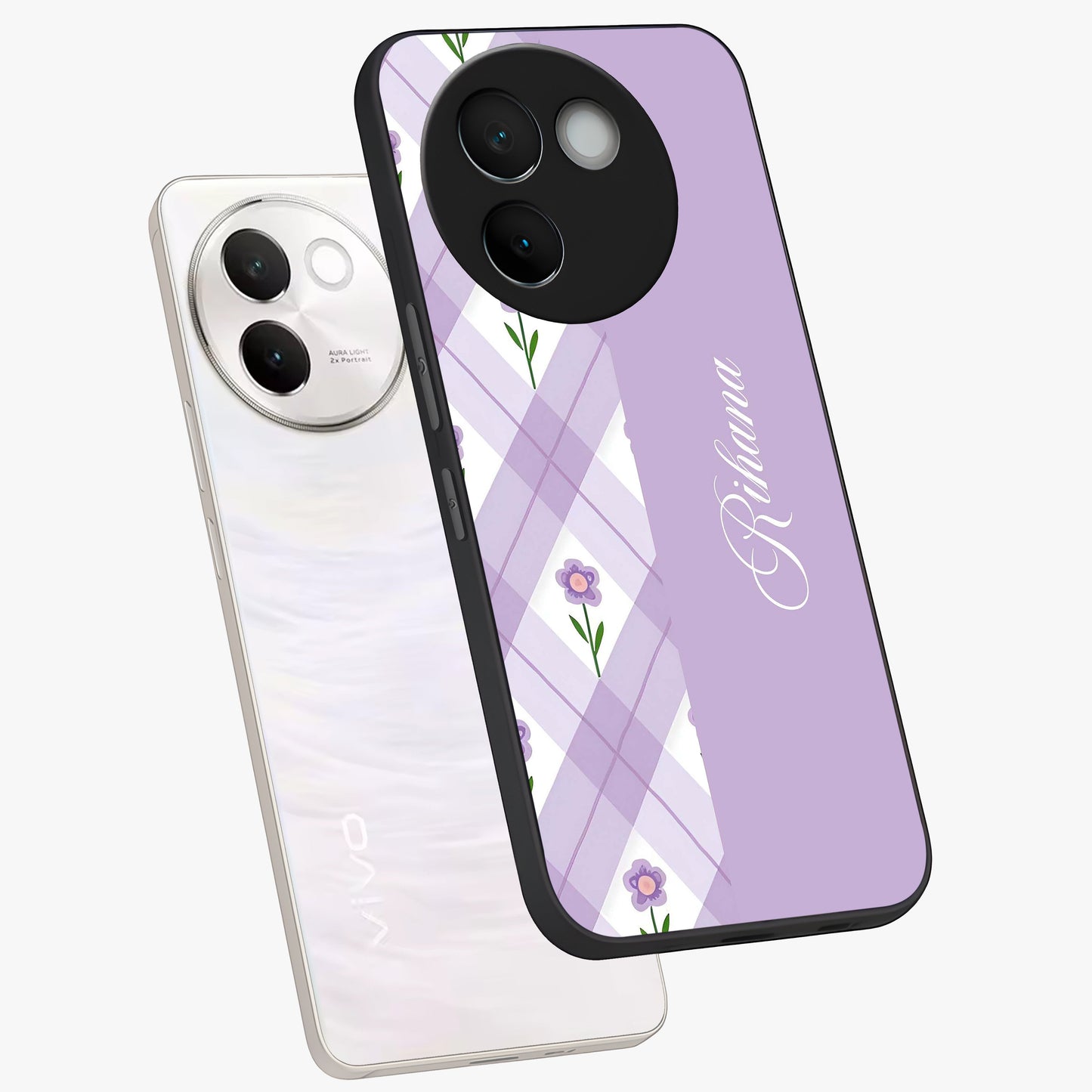 Purple Diamond Floral Glass Case displayed in angled mockup highlighting elegant purple flower design with decorative pattern.