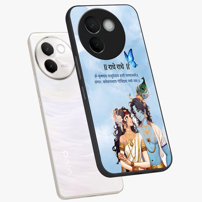 Radha Krishna Eternal Glass Case displayed in angled mockup highlighting divine Radha Krishna illustration with spiritual aesthetic.