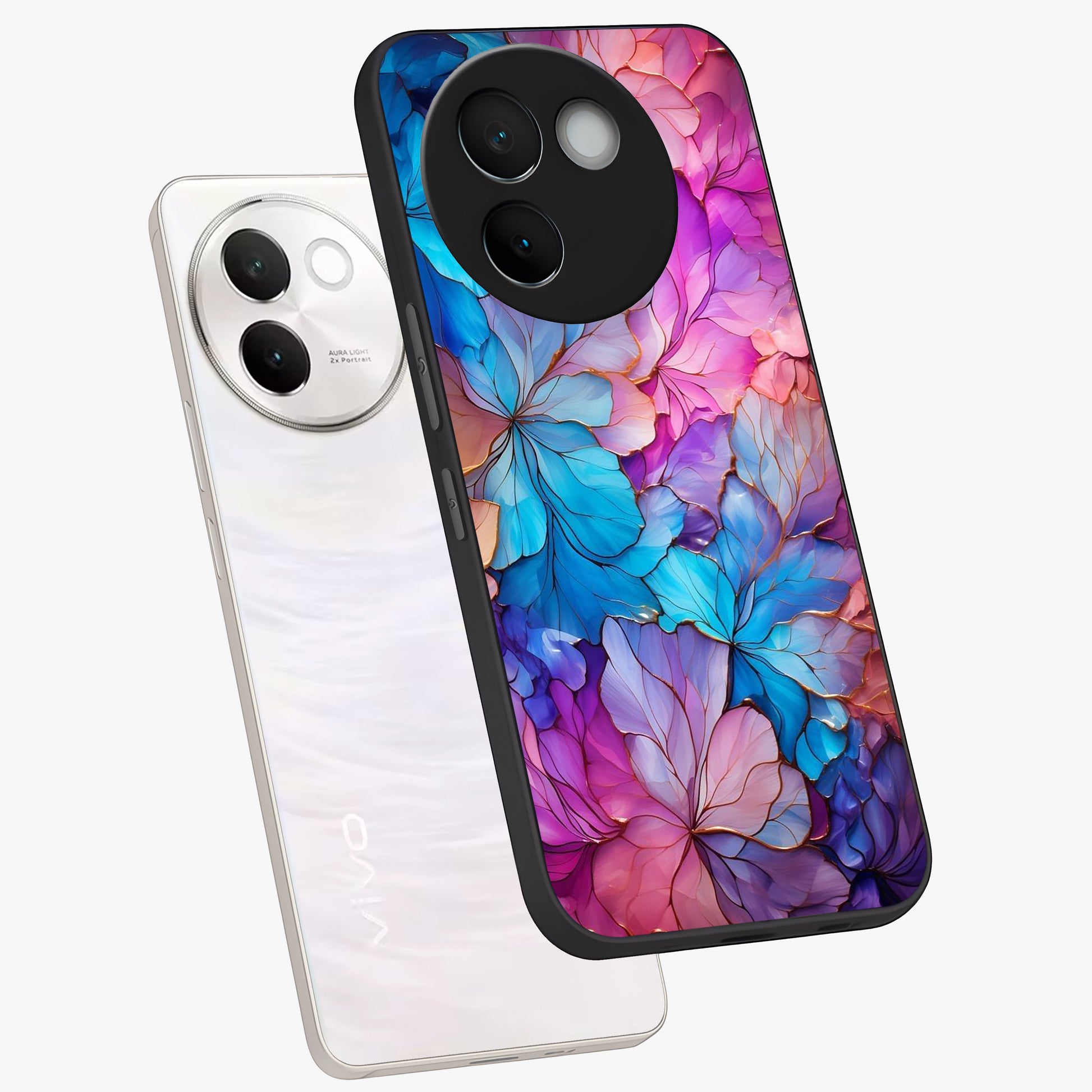 Radiant Floral Whirl Glass Case displayed in angled mockup highlighting vibrant flower pattern with dynamic artistic aesthetic.