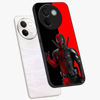 Red & Black Deadpool Theme Glass Case displayed in angled mockup highlighting vibrant superhero style illustration with action aesthetic.