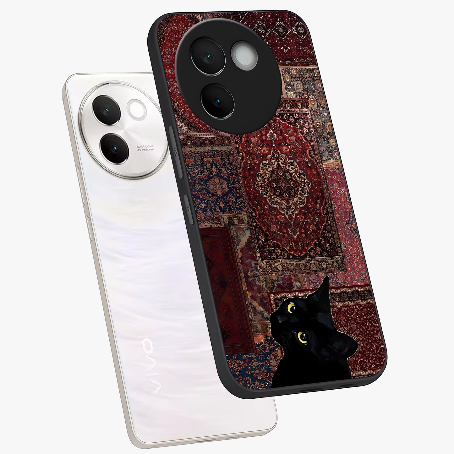 Regal Magic Cat Apple Glass Case displayed in angled mockup highlighting whimsical feline design with fantasy aesthetic.