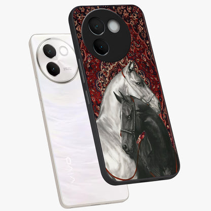 Regal Stallion Tapestry Glass Case displayed in angled mockup highlighting royal stallion design with decorative heritage aesthetic.