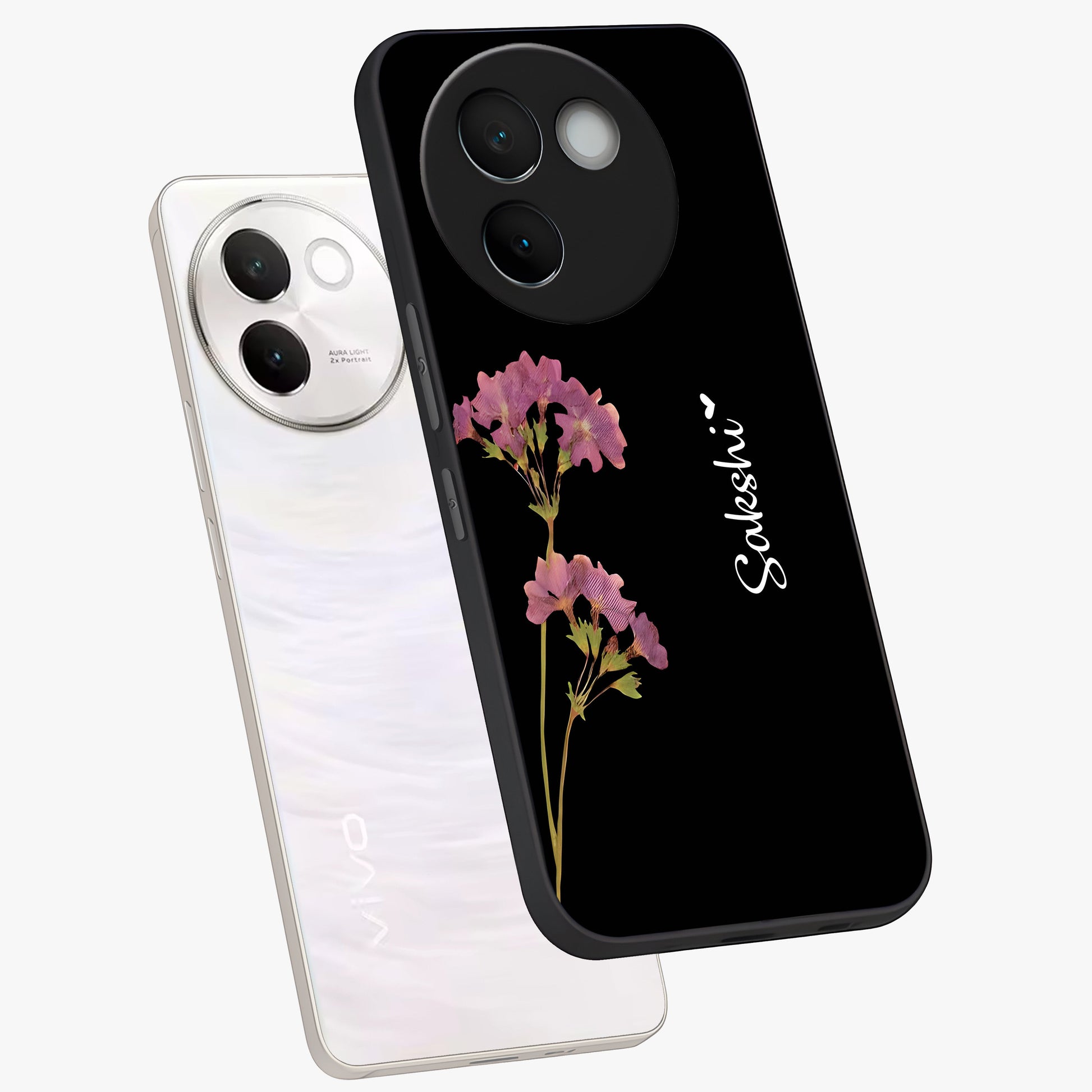Riching Lavender Flower Custom Name Glass Case displayed in angled mockup highlighting delicate lavender flower design with custom name feature.