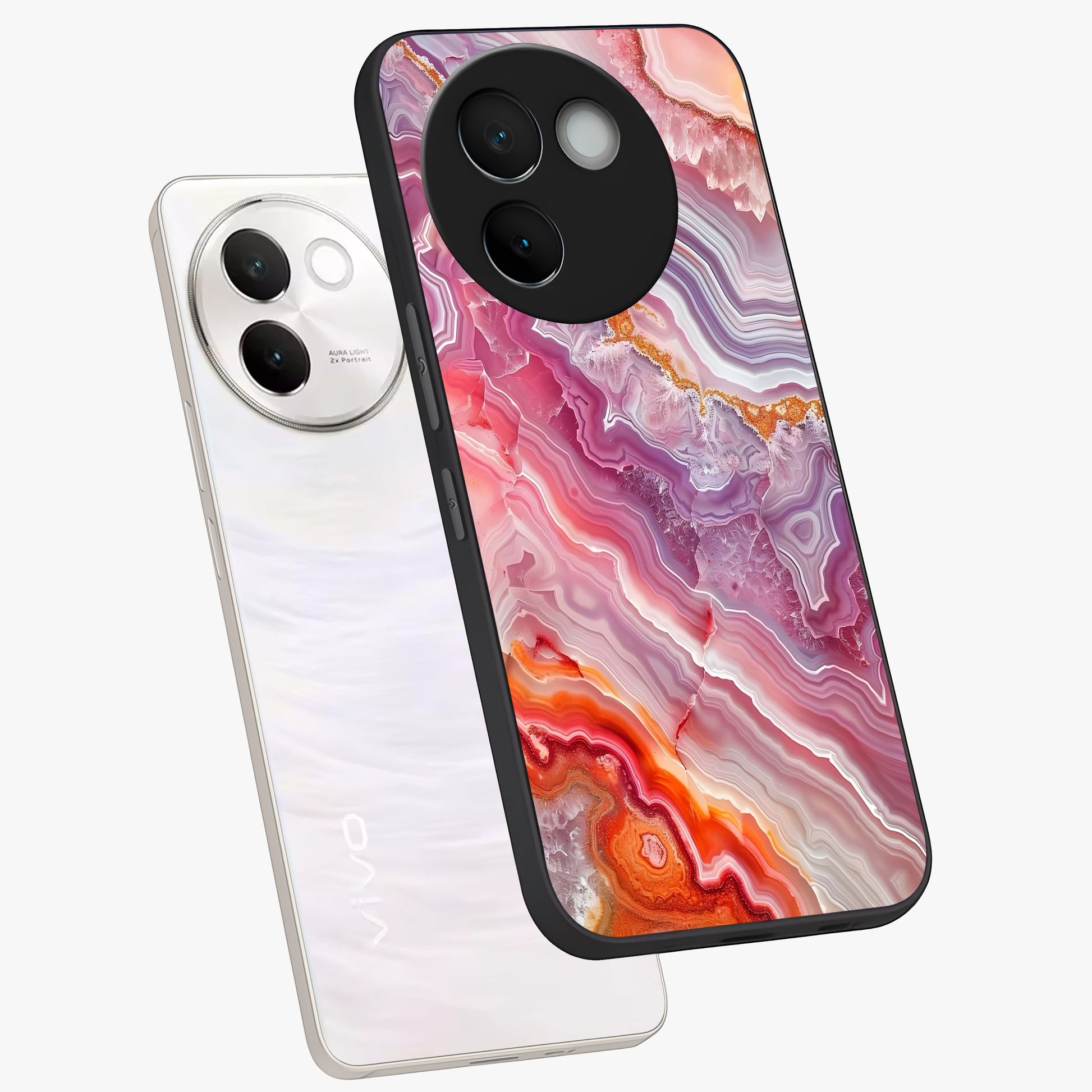 Rose Quartz Marble Glass Case displayed in angled mockup highlighting elegant marble pattern with soft aesthetic style.