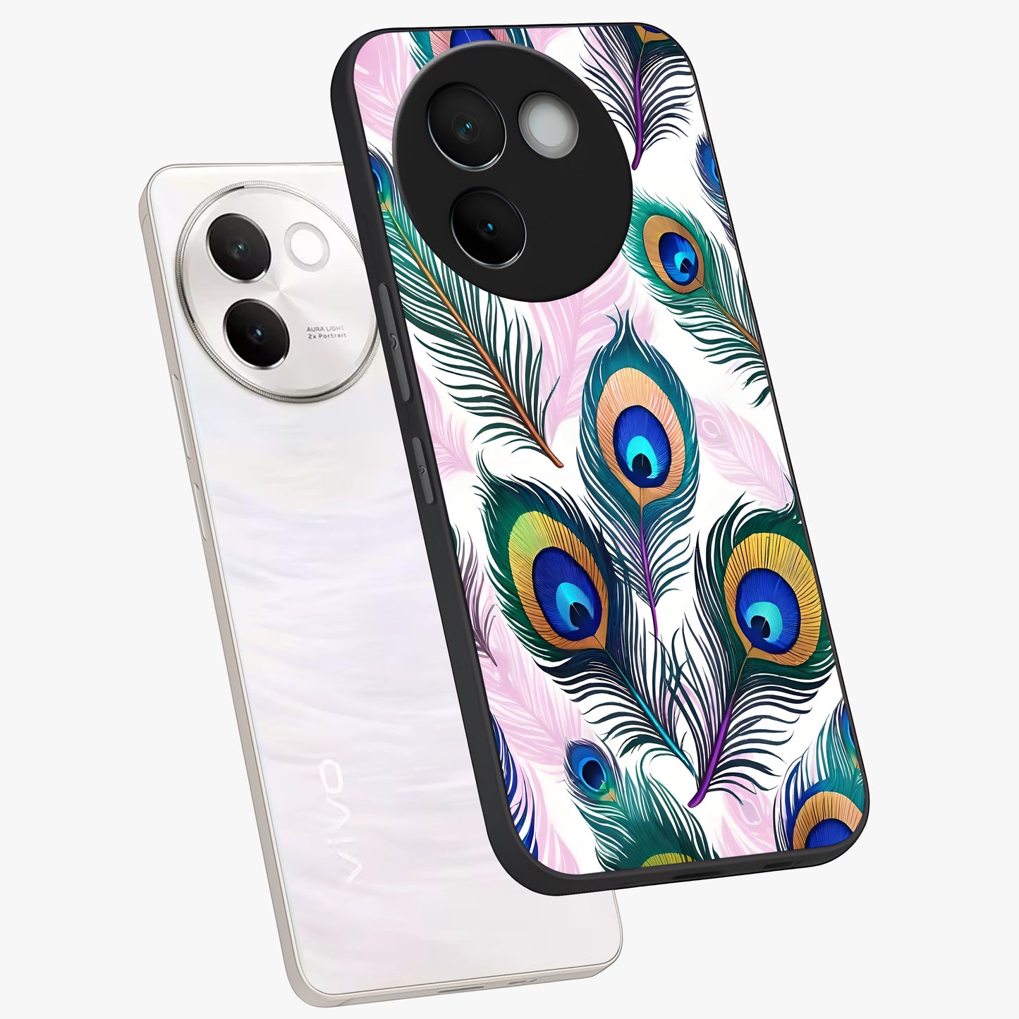 Royal Peacock Feathers Glass Case displayed in angled mockup highlighting vibrant feather pattern with regal aesthetic style.