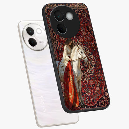 Royal Rider Tapestry Glass Case displayed in angled mockup highlighting traditional tapestry design with royal heritage aesthetic.