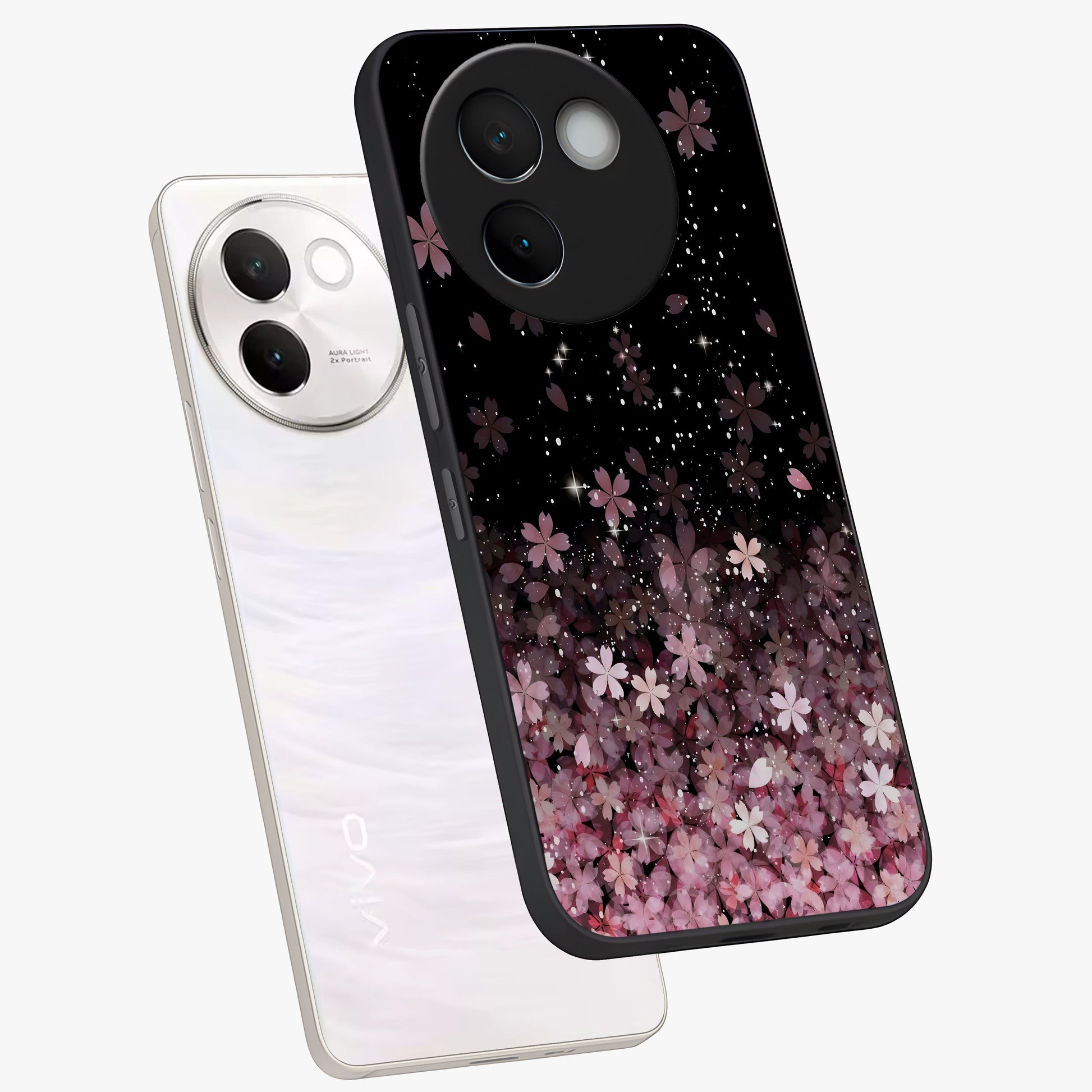 Small Starry Flowers Glass Case displayed in angled mockup highlighting tiny flower pattern with celestial aesthetic style.