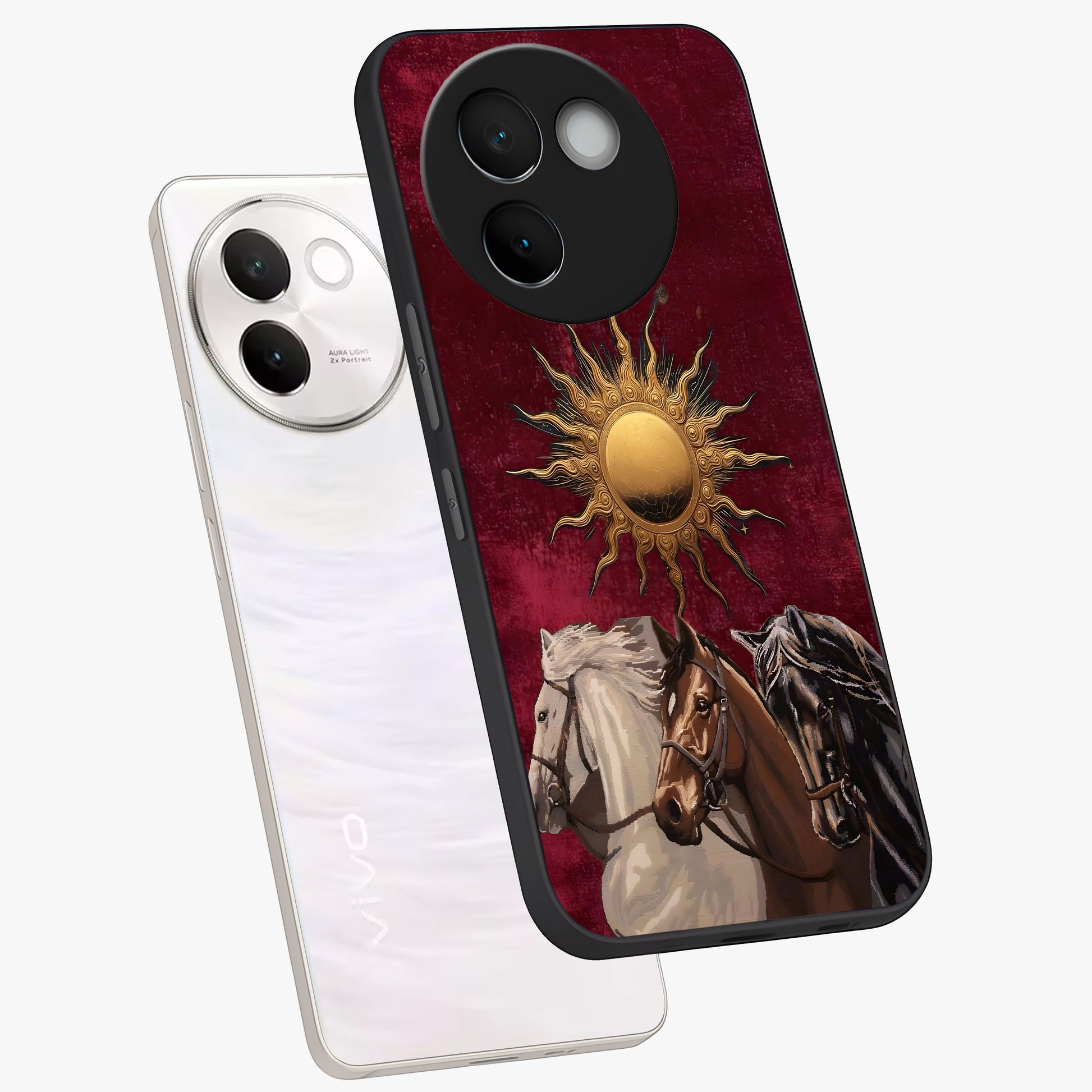 Solar Riders Glass Case displayed in angled mockup highlighting powerful rider illustration with radiant solar aesthetic.