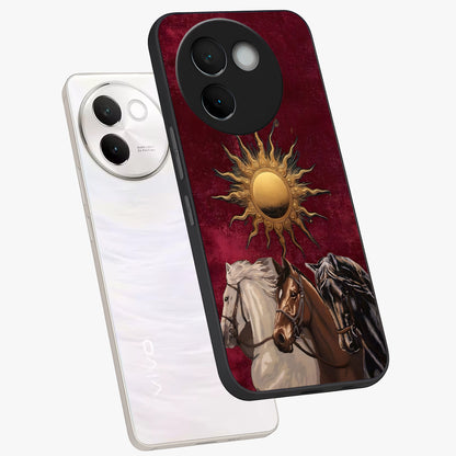 Solar Riders Glass Case displayed in angled mockup highlighting powerful rider illustration with radiant solar aesthetic.