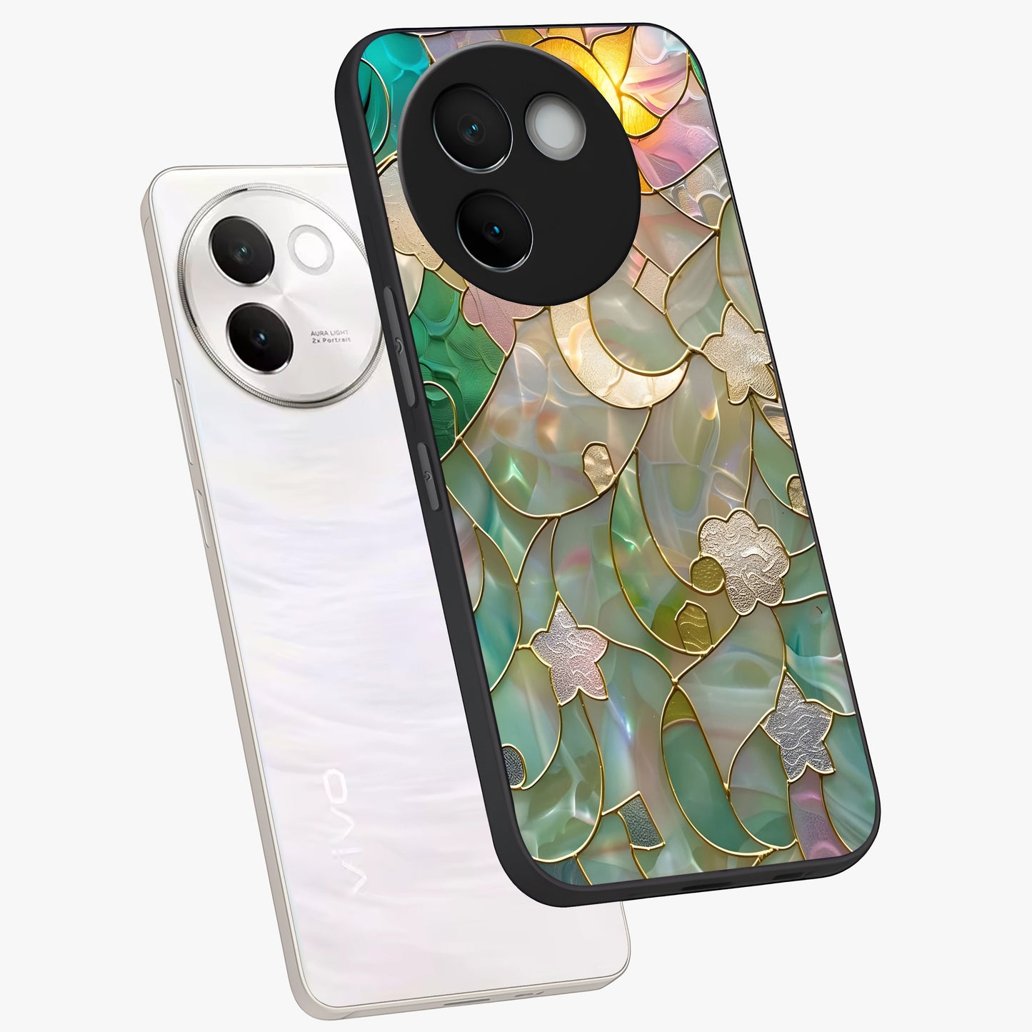 Stained Sunrise Glow Glass Case displayed in angled mockup highlighting radiant sunrise design with artistic aesthetic style.