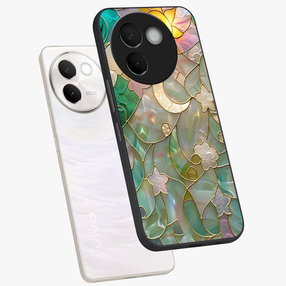Stained Sunrise Glow Glass Case displayed in angled mockup highlighting radiant sunrise design with artistic aesthetic style.