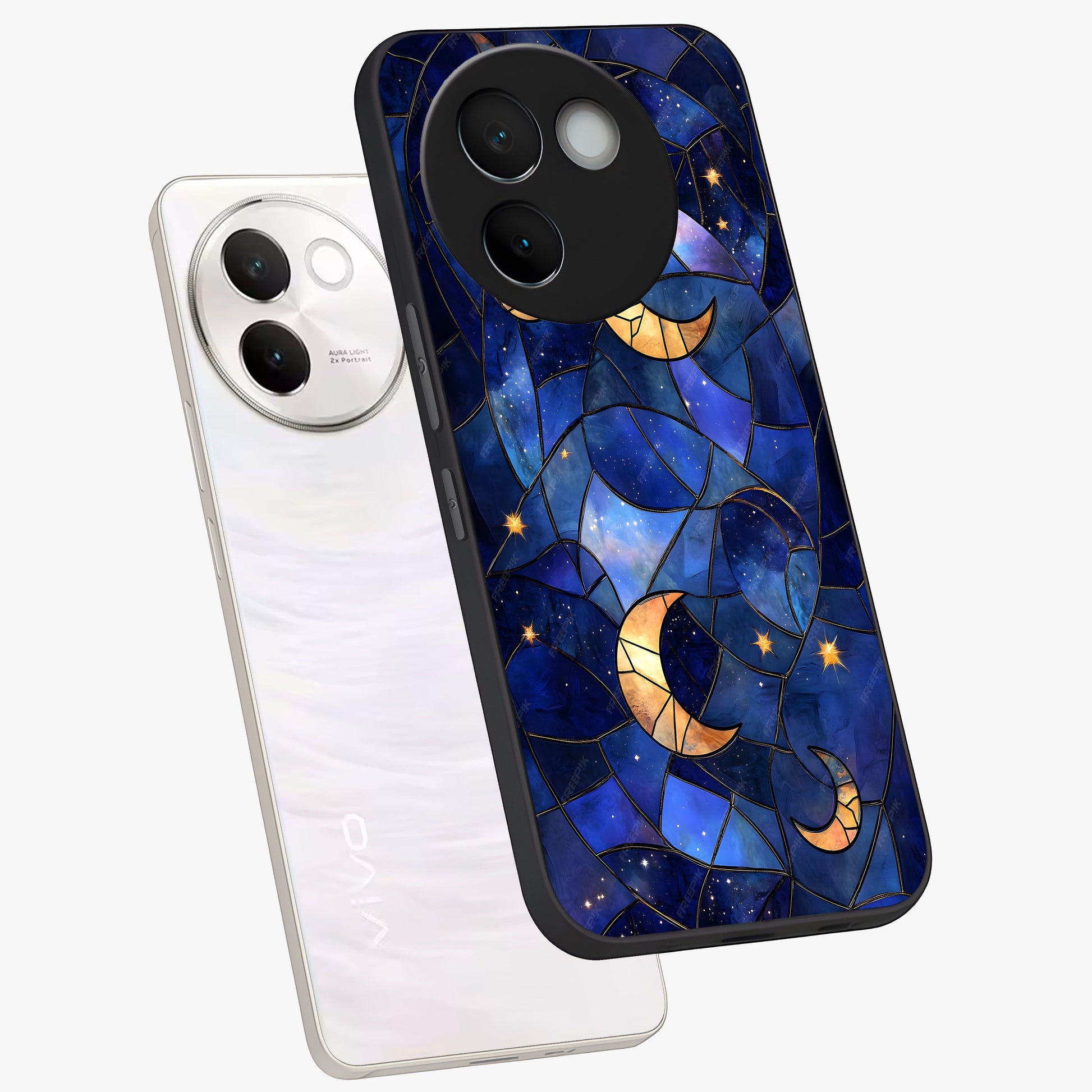 Starlit Sky Tapestry Glass Case displayed in angled mockup highlighting celestial night pattern with artistic aesthetic style.
