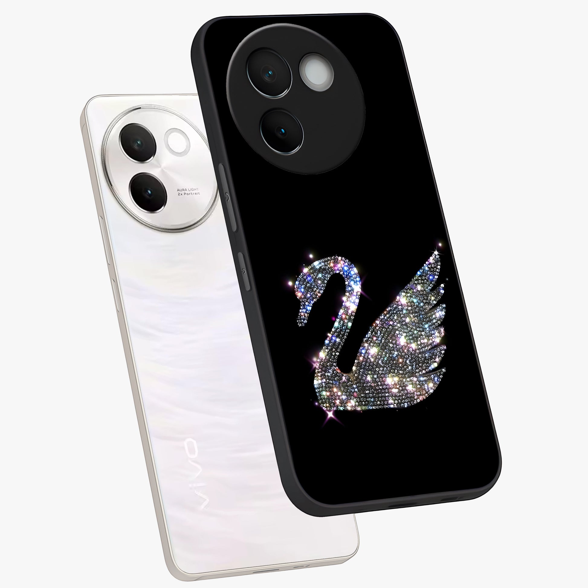 Starlit Swan Grace Glass Case displayed in angled mockup highlighting elegant swan illustration with dreamy celestial aesthetic.