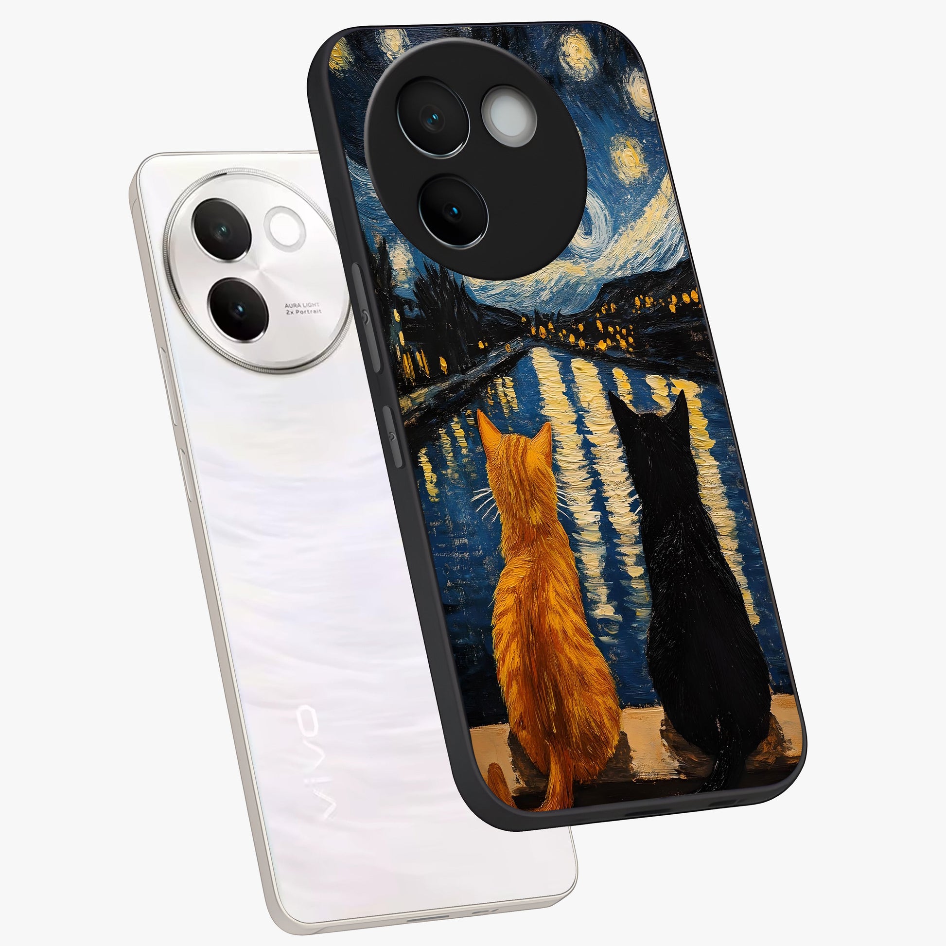 Starry River Cats Glass Case displayed in angled mockup highlighting charming feline illustration with dreamy night aesthetic.