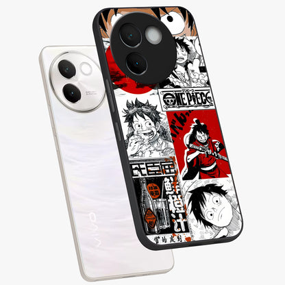 Strawhat Chaos Panels Glass Case displayed in angled mockup highlighting vibrant anime collage design with action aesthetic.