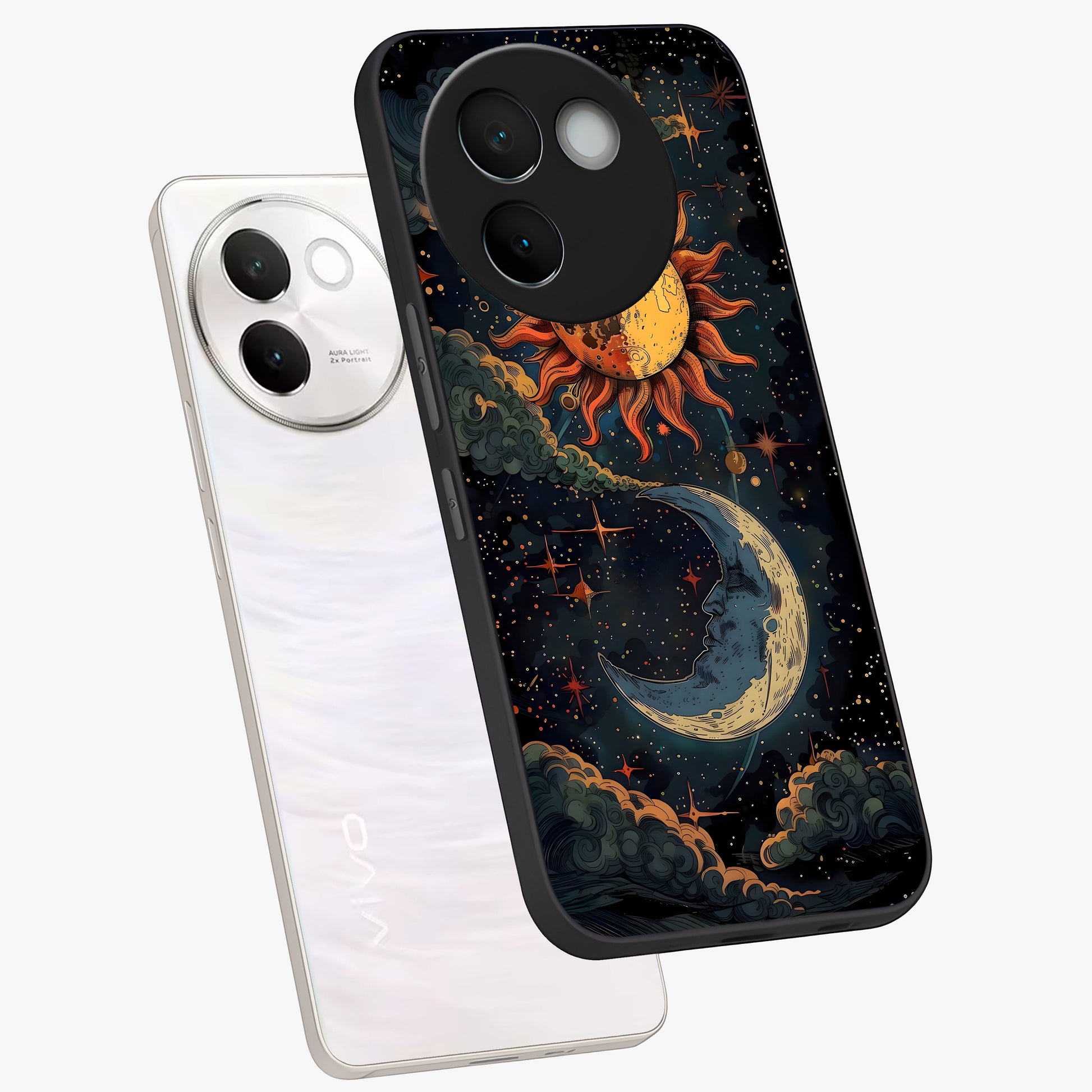 Sun And Moon Magic Design Glass Case displayed in angled mockup highlighting celestial design with magical cosmic aesthetic.