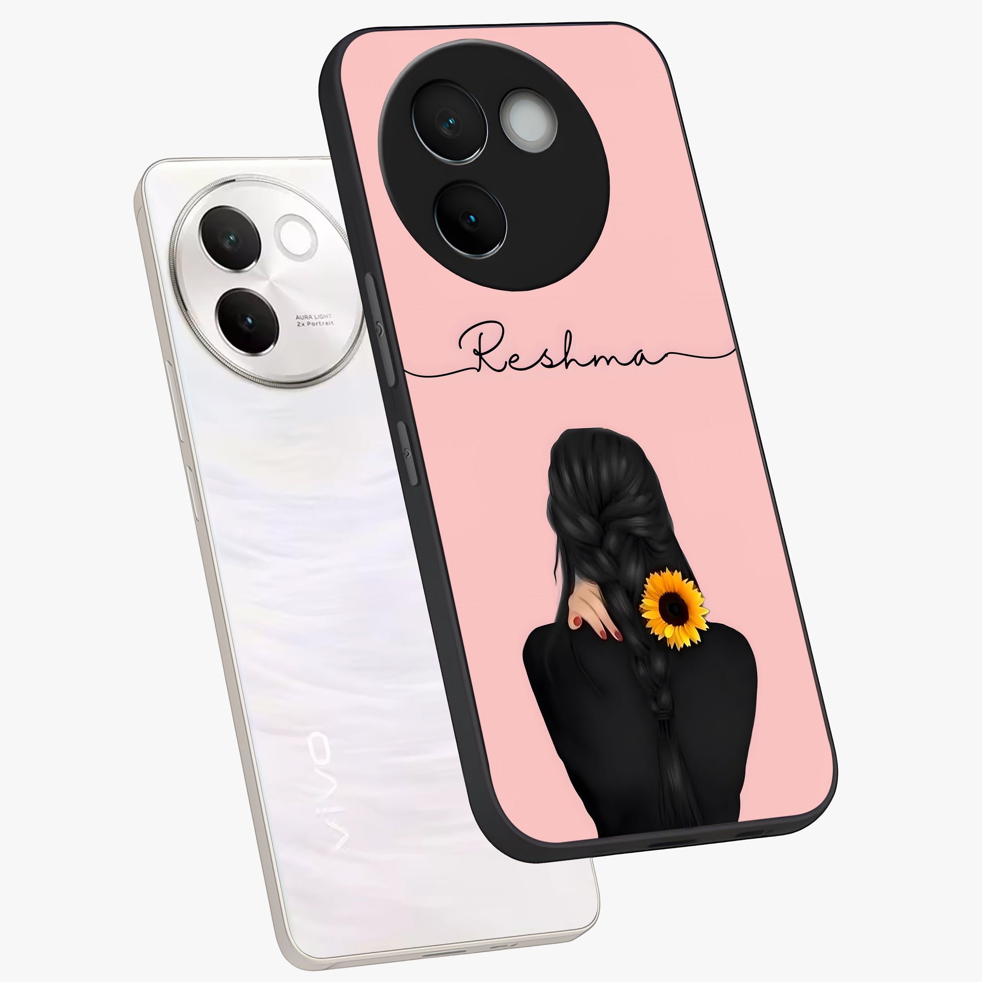 Sunflower Braid Beauty With Custom Name Glass Case displayed in angled mockup highlighting elegant sunflower design with custom name feature.