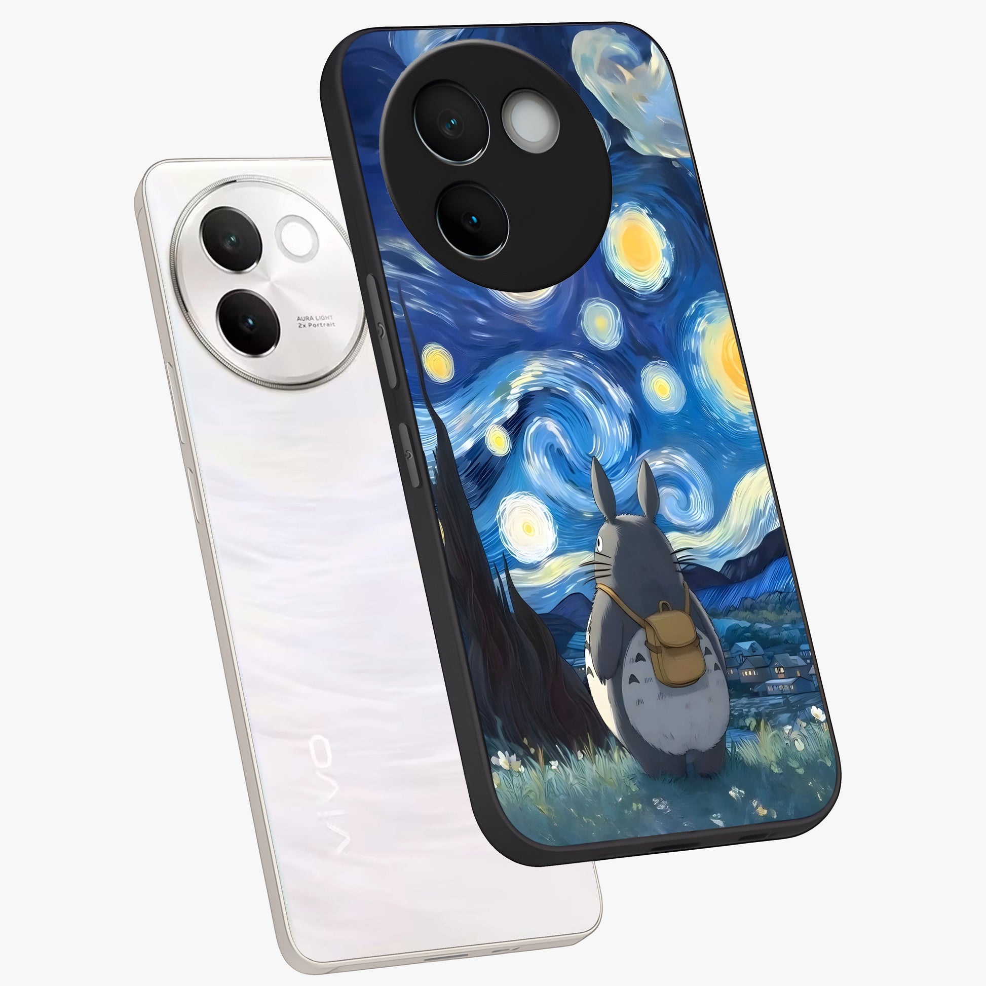 Totoro In Van Gogh Art Glass Case displayed in angled mockup highlighting artistic swirling sky design with playful animation aesthetic.