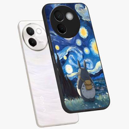 Totoro In Van Gogh Art Glass Case displayed in angled mockup highlighting artistic swirling sky design with playful animation aesthetic.
