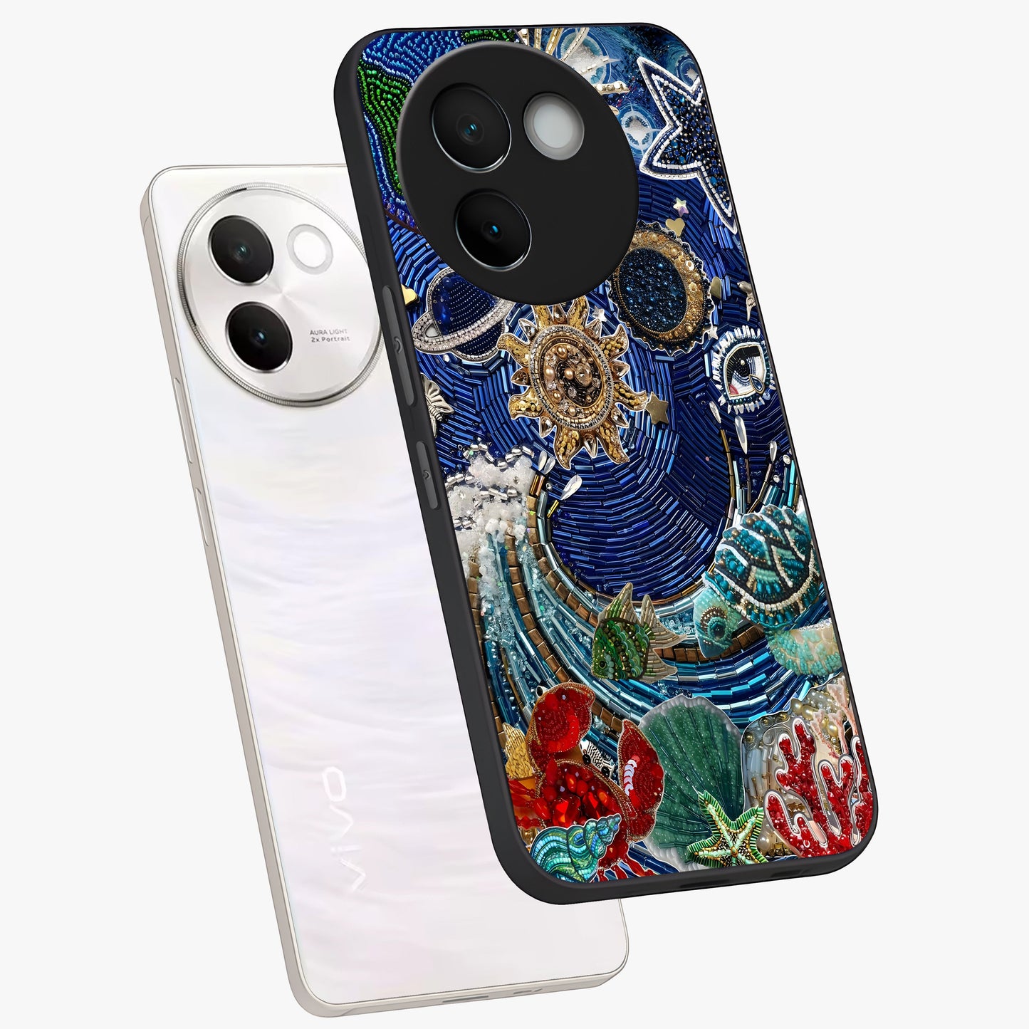Universe Underwater Spark Glass Case displayed in angled mockup highlighting glowing aquatic design with celestial aesthetic.
