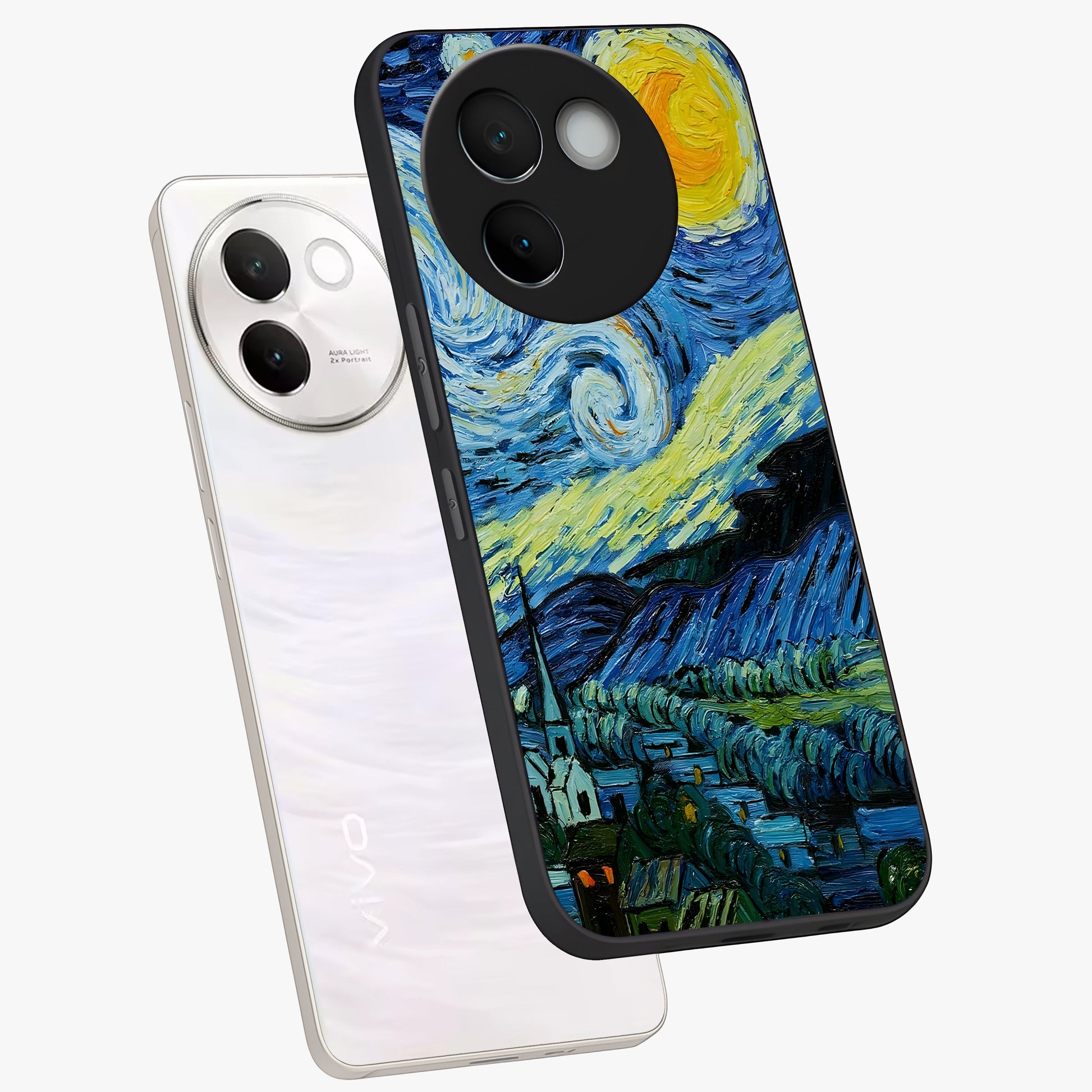 Van Gogh Art Glass Case displayed in angled mockup highlighting swirling brushstroke design with artistic aesthetic.