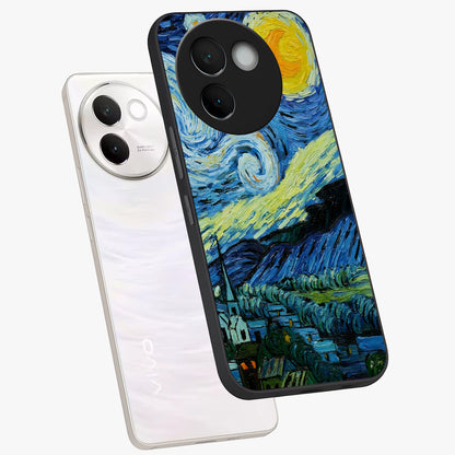 Van Gogh Art Glass Case displayed in angled mockup highlighting swirling brushstroke design with artistic aesthetic.
