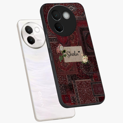 Velvet Wine Pattern Custom Name Glass Case displayed in angled mockup highlighting decorative velvet inspired design with custom name feature.