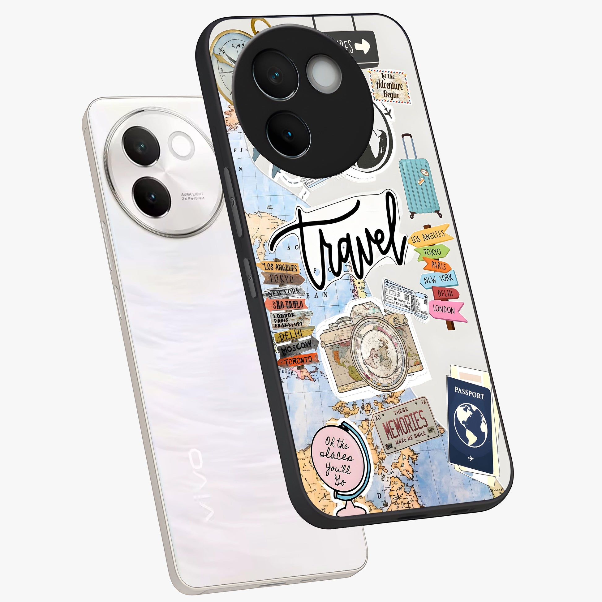 Wanderlust Journal Glass Case displayed in angled mockup highlighting adventure themed design with aesthetic travel vibe.