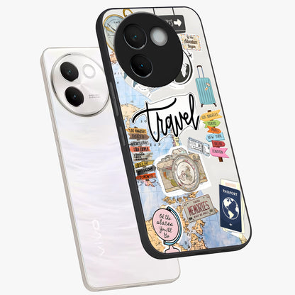 Wanderlust Journal Glass Case displayed in angled mockup highlighting adventure themed design with aesthetic travel vibe.