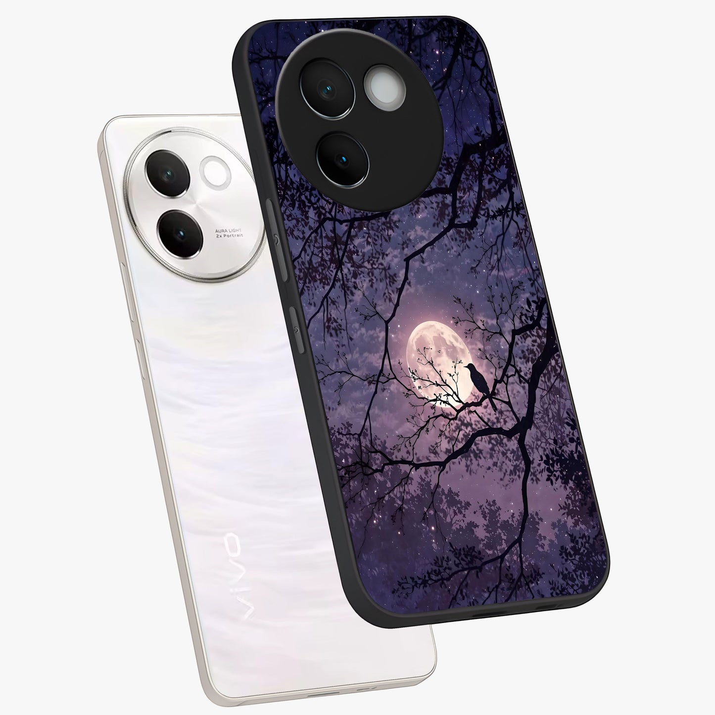 Whispering Moon Silence Glass Case displayed in angled mockup highlighting calm lunar design with dreamy night aesthetic.