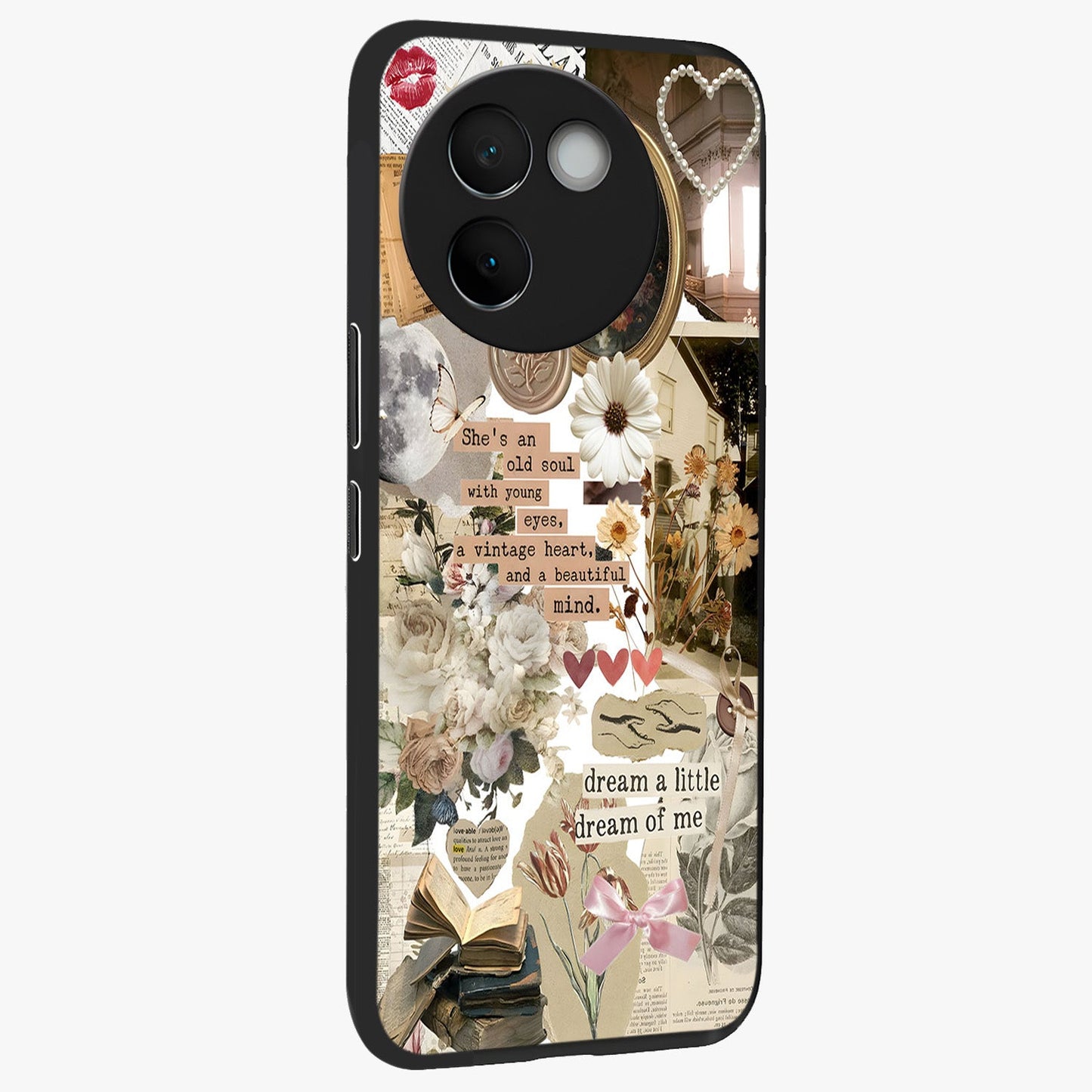 Aesthetic Brown Vintage Collage Glass Case upright view showcasing nostalgic retro artwork with stylish vintage theme.