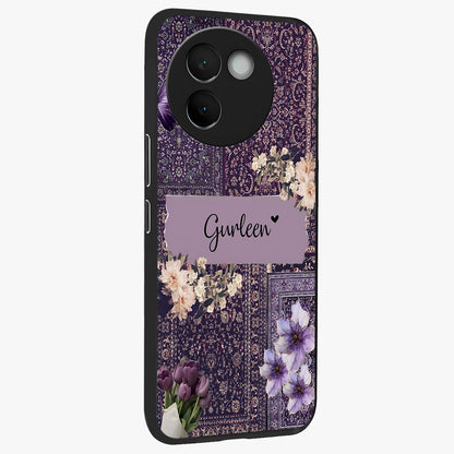 Antique Floral Whisper Custom Name Glass Case upright view showcasing delicate floral artwork with custom name feature.