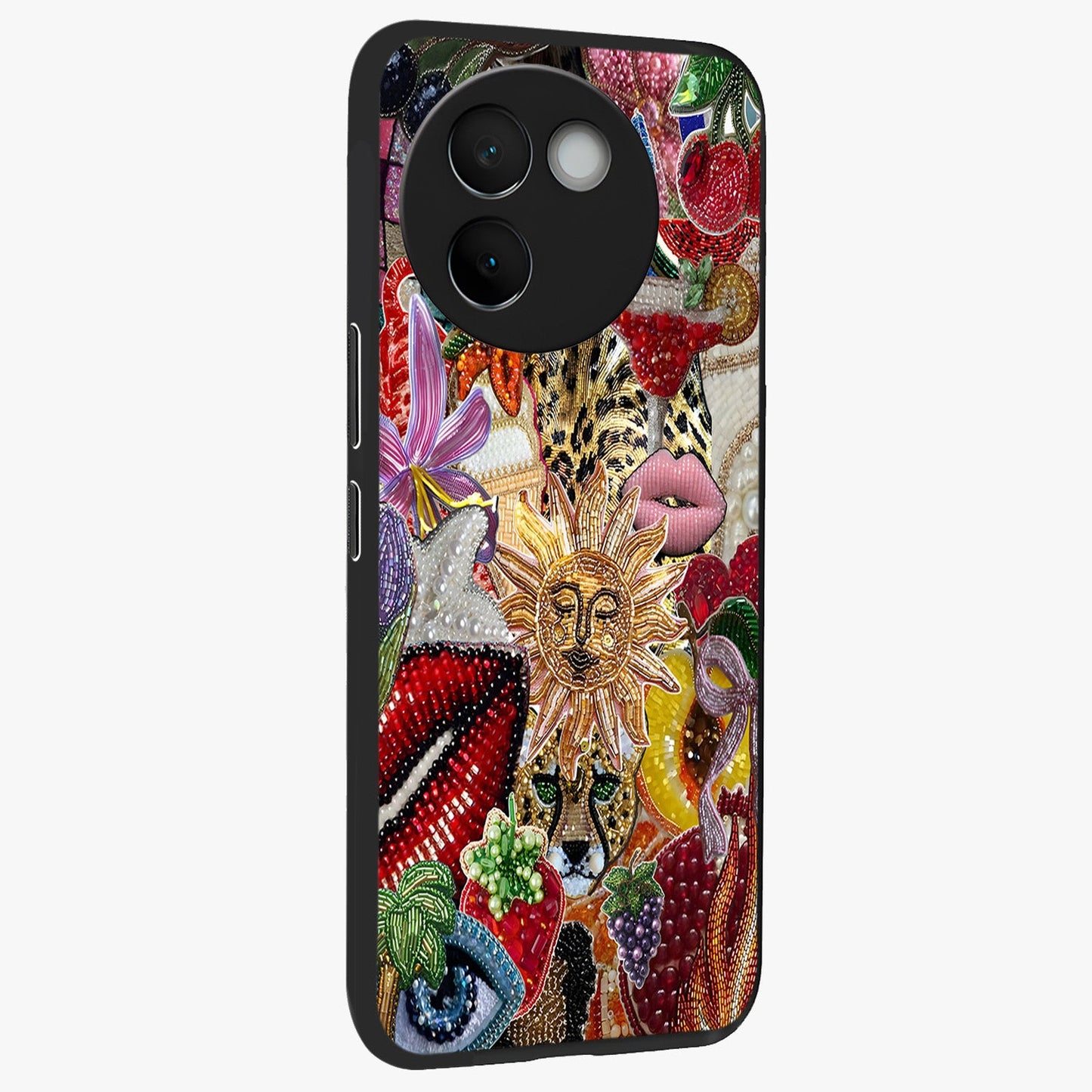 Beaded Fashion Jungle Glass Case upright view showcasing tropical jungle aesthetic with decorative bead elements.