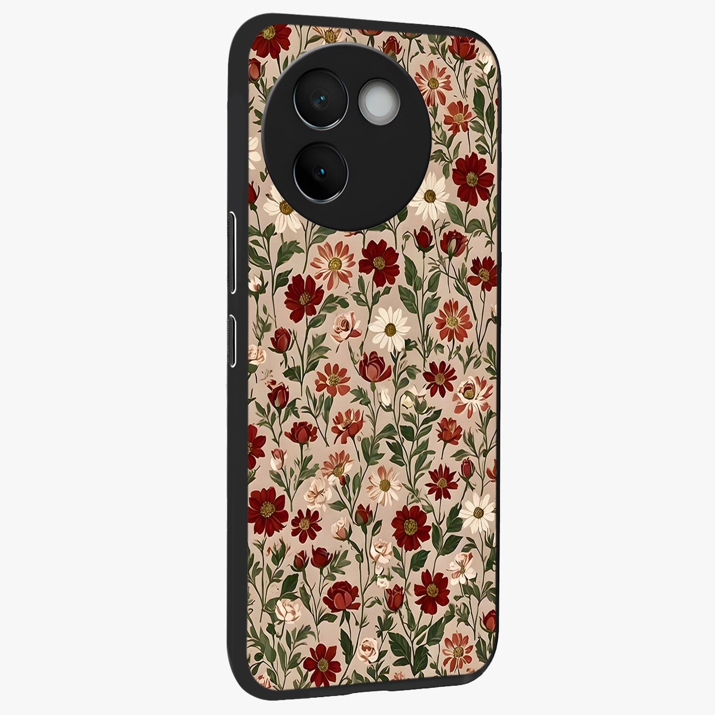 Biege Flower With Leaf Glass Case upright view showcasing delicate beige flower illustration with clean botanical style.