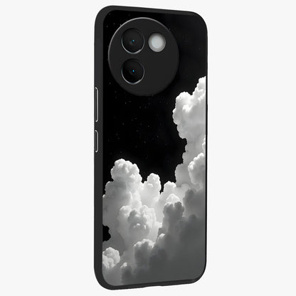 Black Background With White Cloud Glass Case upright view showcasing calm cloud aesthetic with modern minimal style.