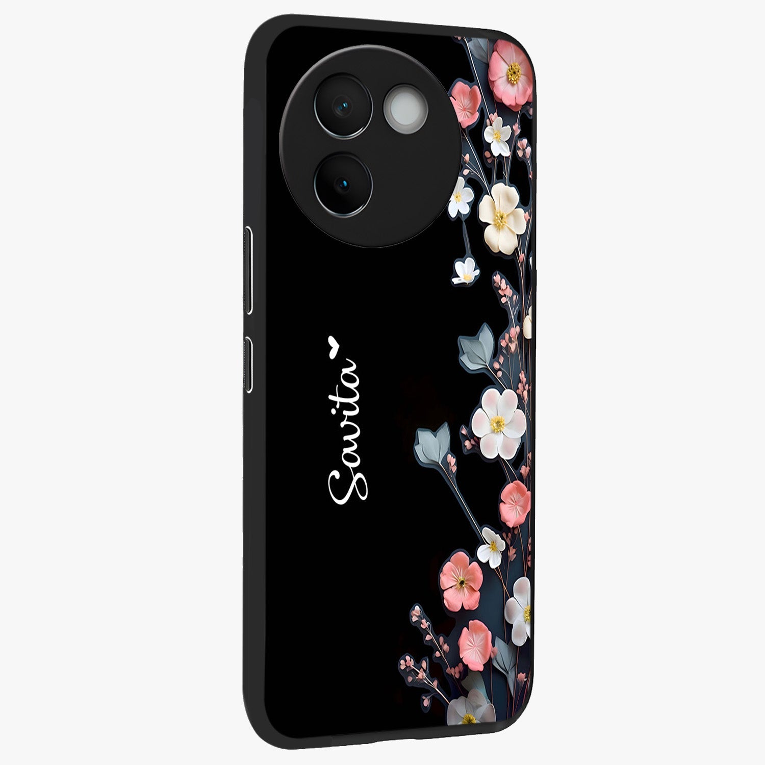 Black Elegance Floral Custom Name Glass Case upright view showcasing luxurious black floral design with personalized name detail.