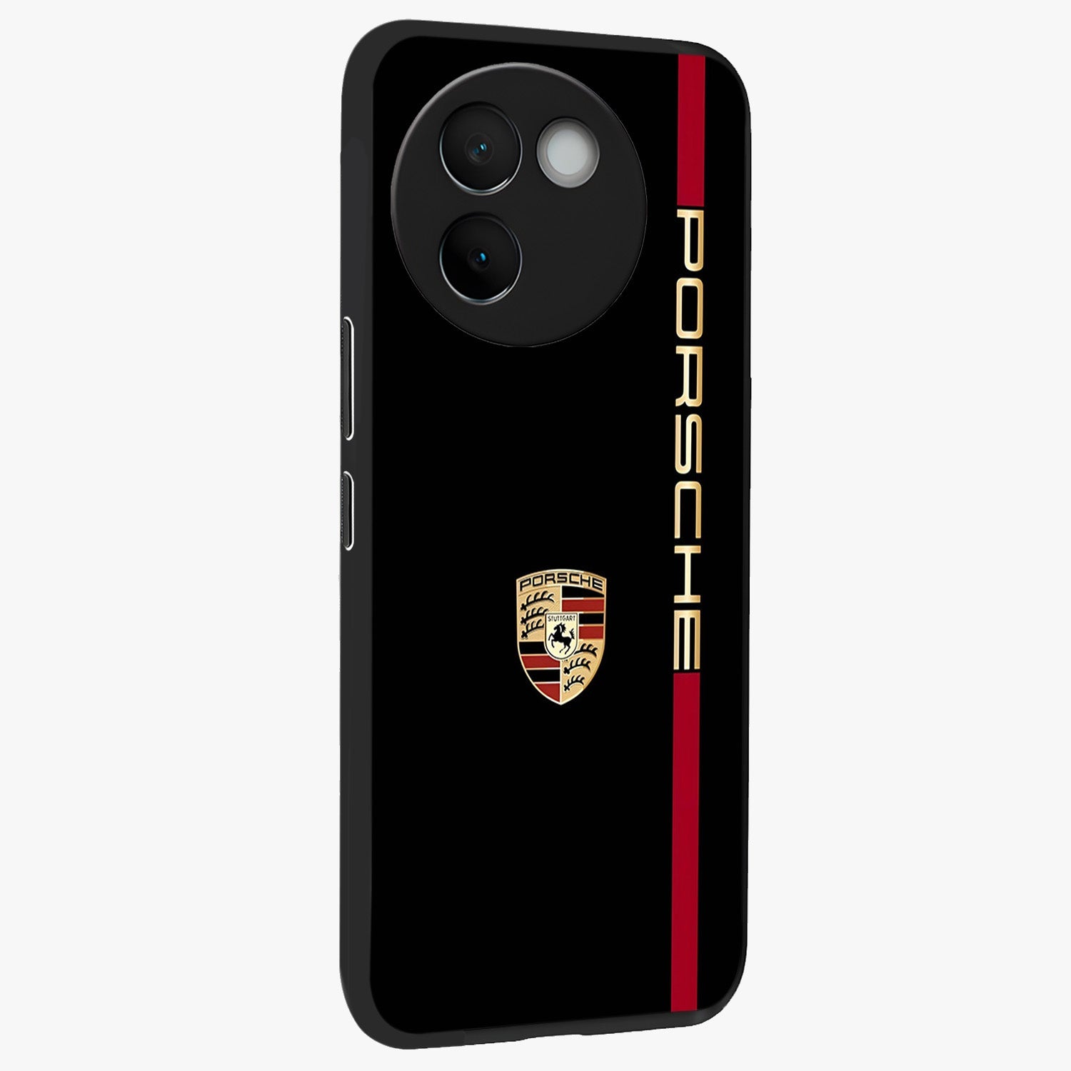 Black Minimal Porsche Glass Case upright view showcasing stylish automotive artwork with bold minimal theme.