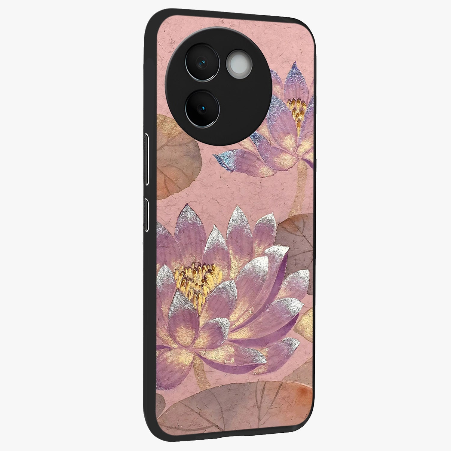 Blossom Mist Lotus Glass Case upright view showcasing graceful lotus flower design with peaceful botanical style.