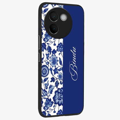 Blue Vintage Floral Pattern Glass Case upright view showcasing delicate blush floral texture with modern minimal style.