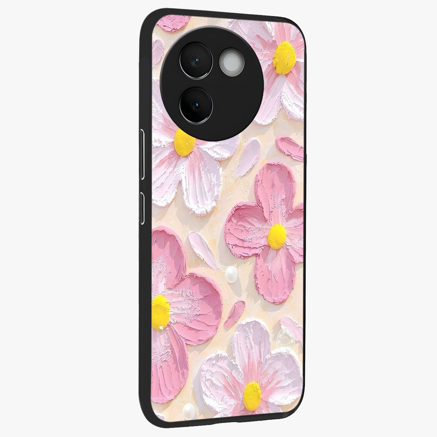 Blush Bloom Texture Glass Case upright view showcasing delicate blush floral texture with modern minimal style.