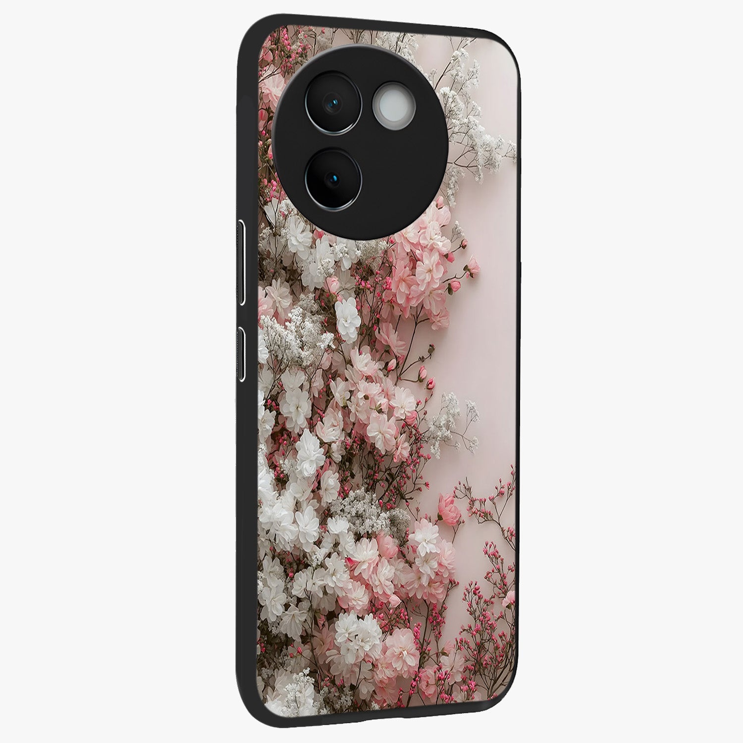 Blush Blossom Cloud Glass Case upright view showcasing calm floral cloud artwork with gentle dreamy theme.