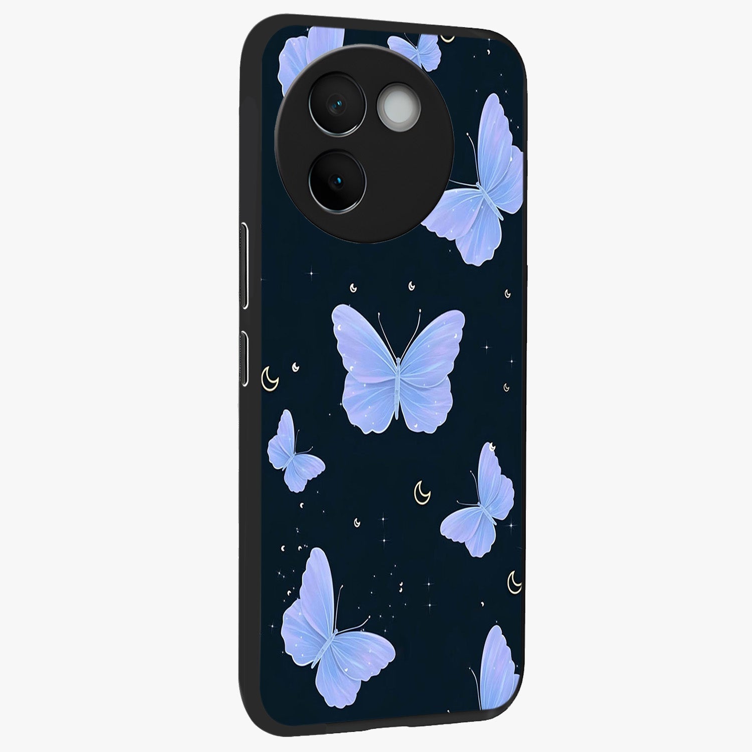 Butterfly With Stars Pattern Glass Case upright view showcasing celestial butterfly artwork with sparkling star elements.