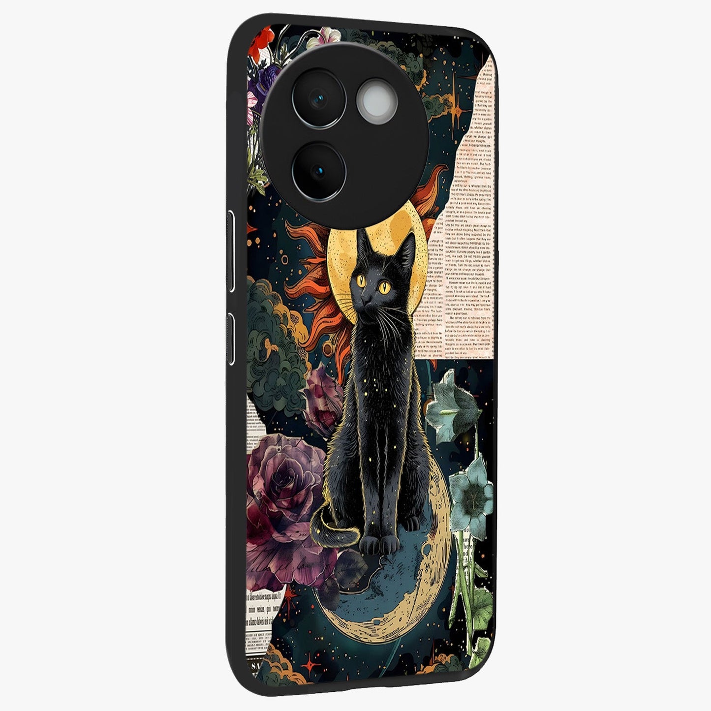 Celestial Black Cat Glass Case upright view showcasing magical black cat illustration with starry cosmic theme.
