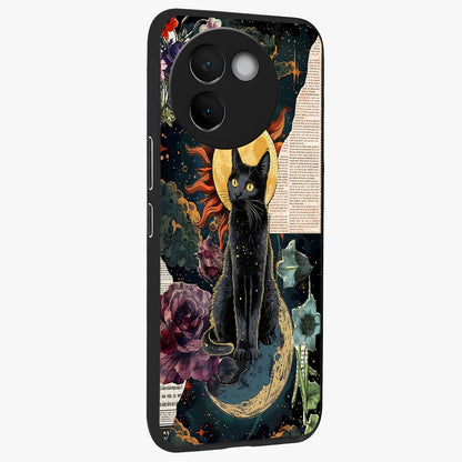 Celestial Black Cat Glass Case upright view showcasing magical black cat illustration with starry cosmic theme.
