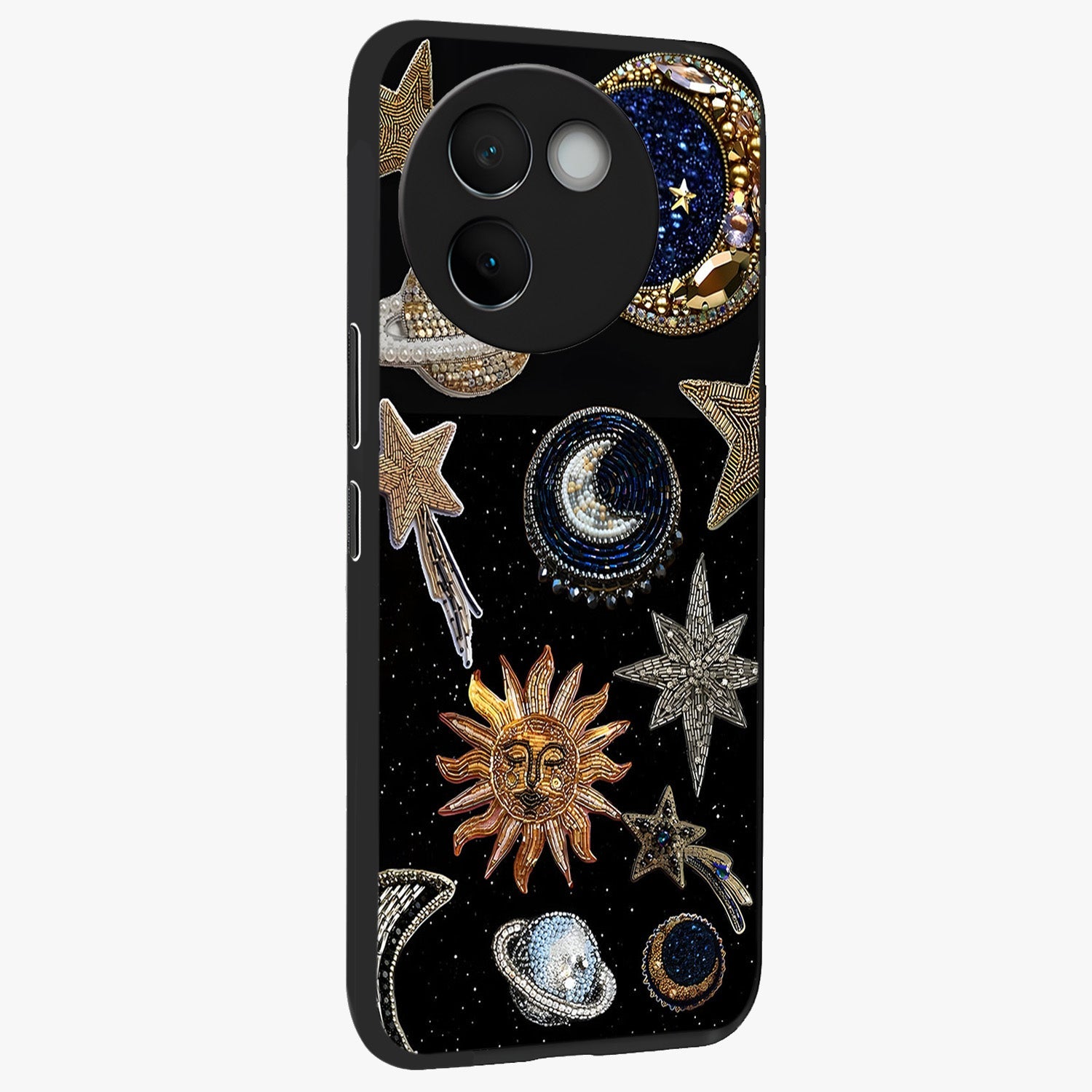 Celestial Gem Constellations Glass Case upright view showcasing cosmic constellation artwork with celestial aesthetic style.