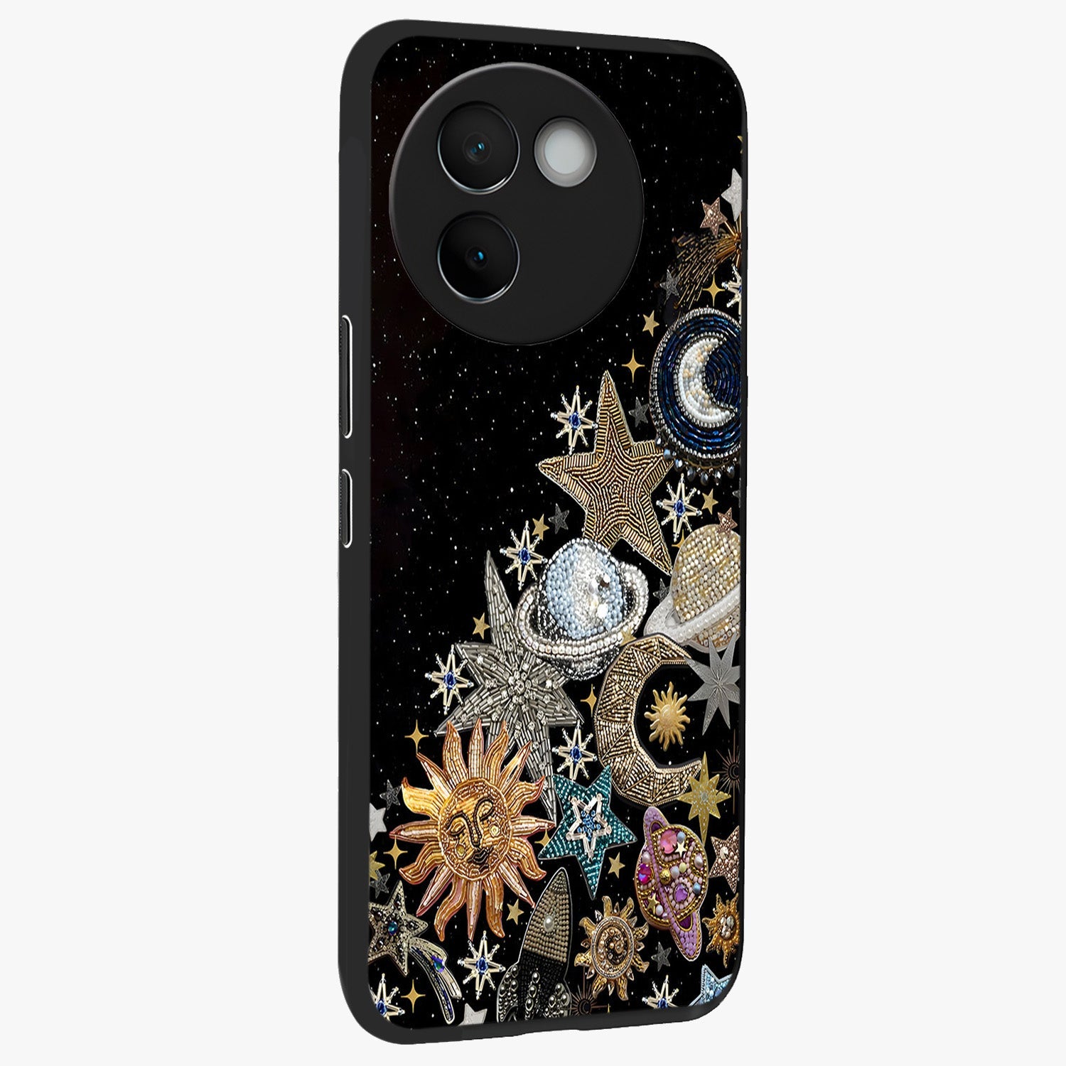 Cosmic Sparkle Dreams Glass Case upright view showcasing glowing cosmic artwork with magical galaxy theme.