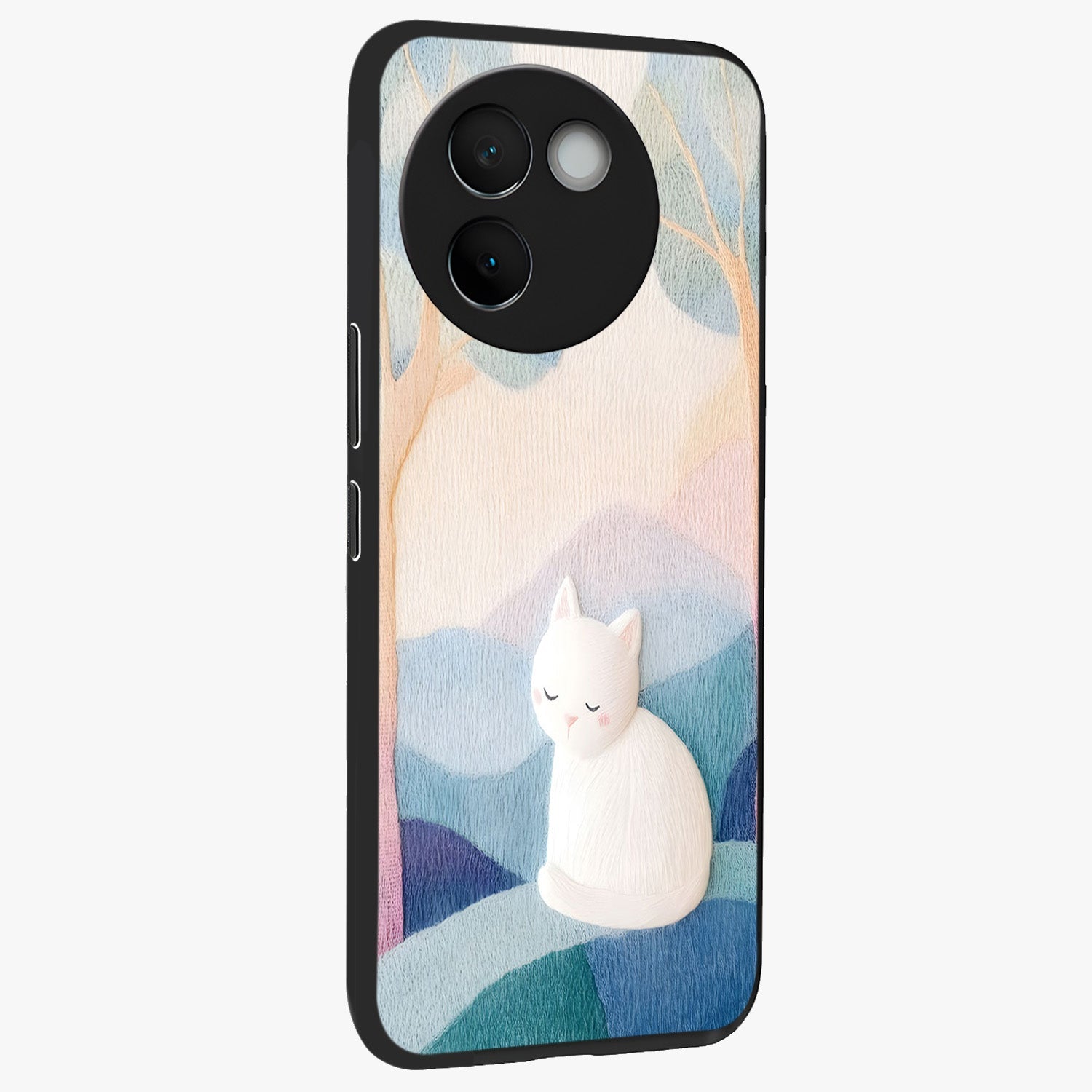 Cotton Dream Cat Glass Case upright view showcasing charming cat artwork with cozy dreamy theme.