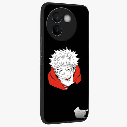 Crimson Chaos Smile Glass Case upright view showcasing expressive chaotic artwork with striking visual theme.
