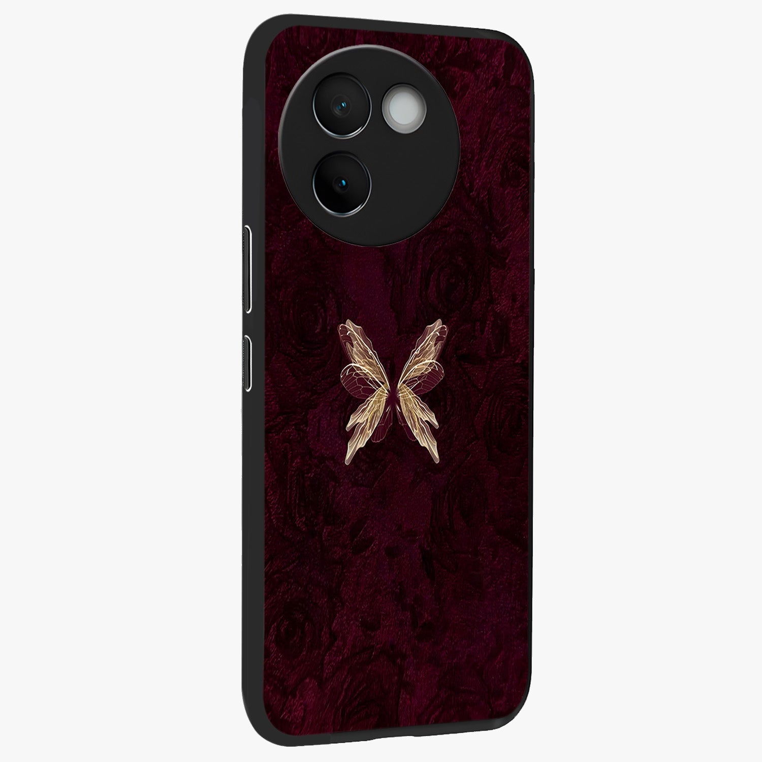 Crimson Fade Butterfly Glass Case upright view showcasing graceful butterfly artwork with soft crimson fade effect.